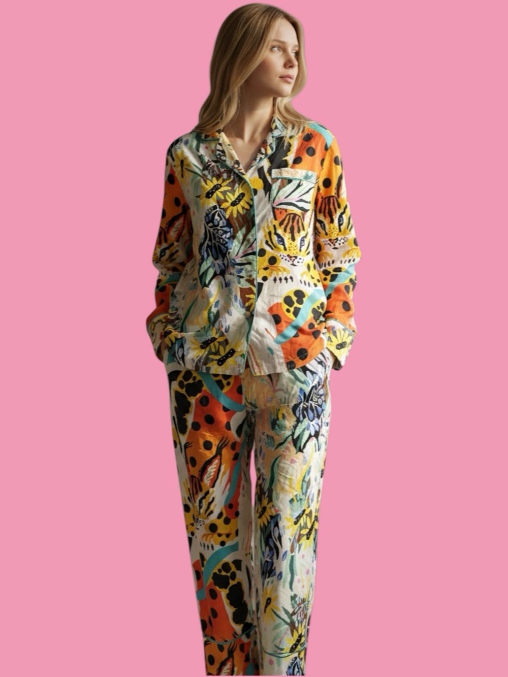 Marcos Navarro x Anthropologie Colorful Sleep Pajama Set Size LARGE Tiger Jungle